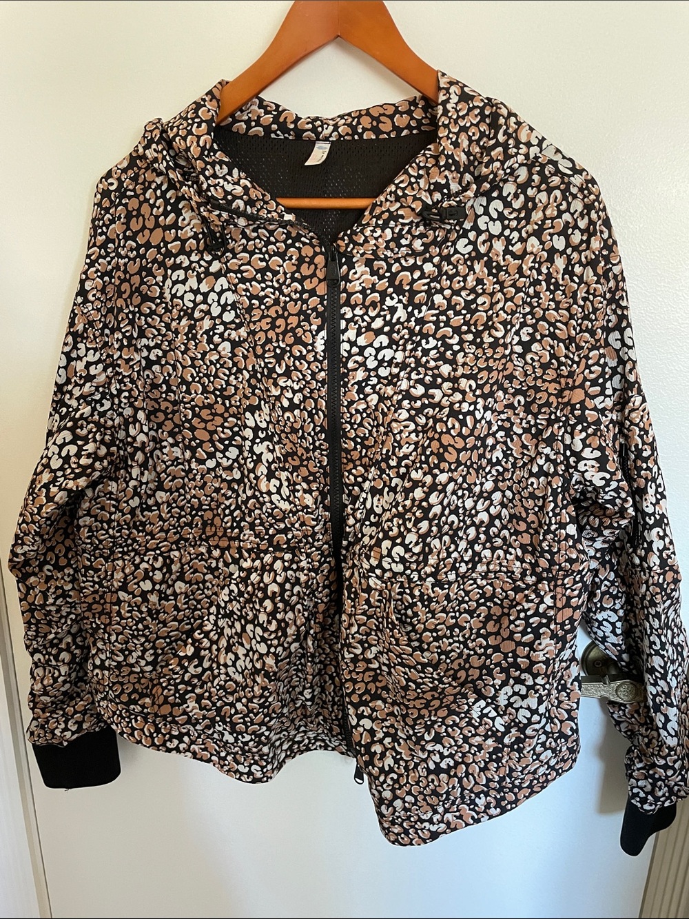 Free People Leopard Print Hooded Windbreaker Jacket in Brown and Black